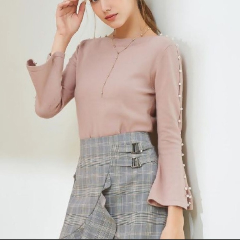 Blush Pink Bell-Sleeve Pearl Top